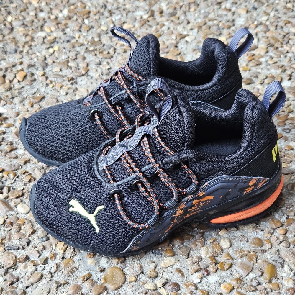 Puma Little Boys Sneakers Size 11.5C Black Orange Bungee Lace Pull‎ On Shoes